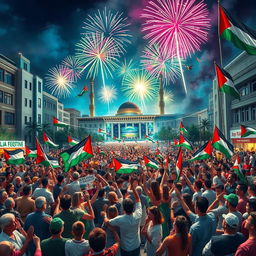 A vibrant and uplifting scene depicting the moment of celebration for the liberation of Palestine