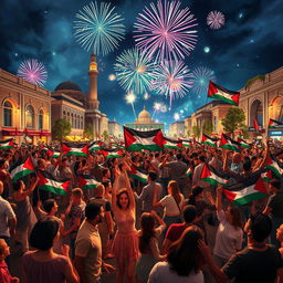 A vibrant and uplifting scene depicting the moment of celebration for the liberation of Palestine