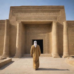 Prophet Ibrahim, maintaining his serene composure, departs from King Nimrod's grand court in ancient Babylon. His radiant figure receding in the distance adds a dramatic element to the opulent Babylonian architecture.