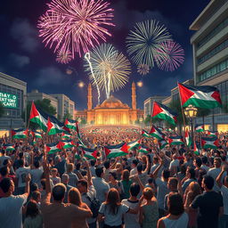 A vibrant and uplifting scene depicting the moment of celebration for the liberation of Palestine