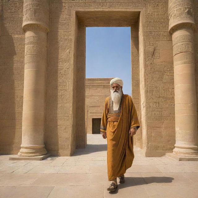 Prophet Ibrahim, maintaining his serene composure, departs from King Nimrod's grand court in ancient Babylon. His radiant figure receding in the distance adds a dramatic element to the opulent Babylonian architecture.