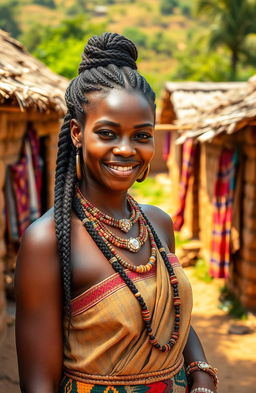 A beautiful brown-skinned African woman dressed in traditional attire, standing in a vibrant historical village setting