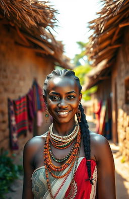 A beautiful brown-skinned African woman dressed in traditional attire, standing in a vibrant historical village setting