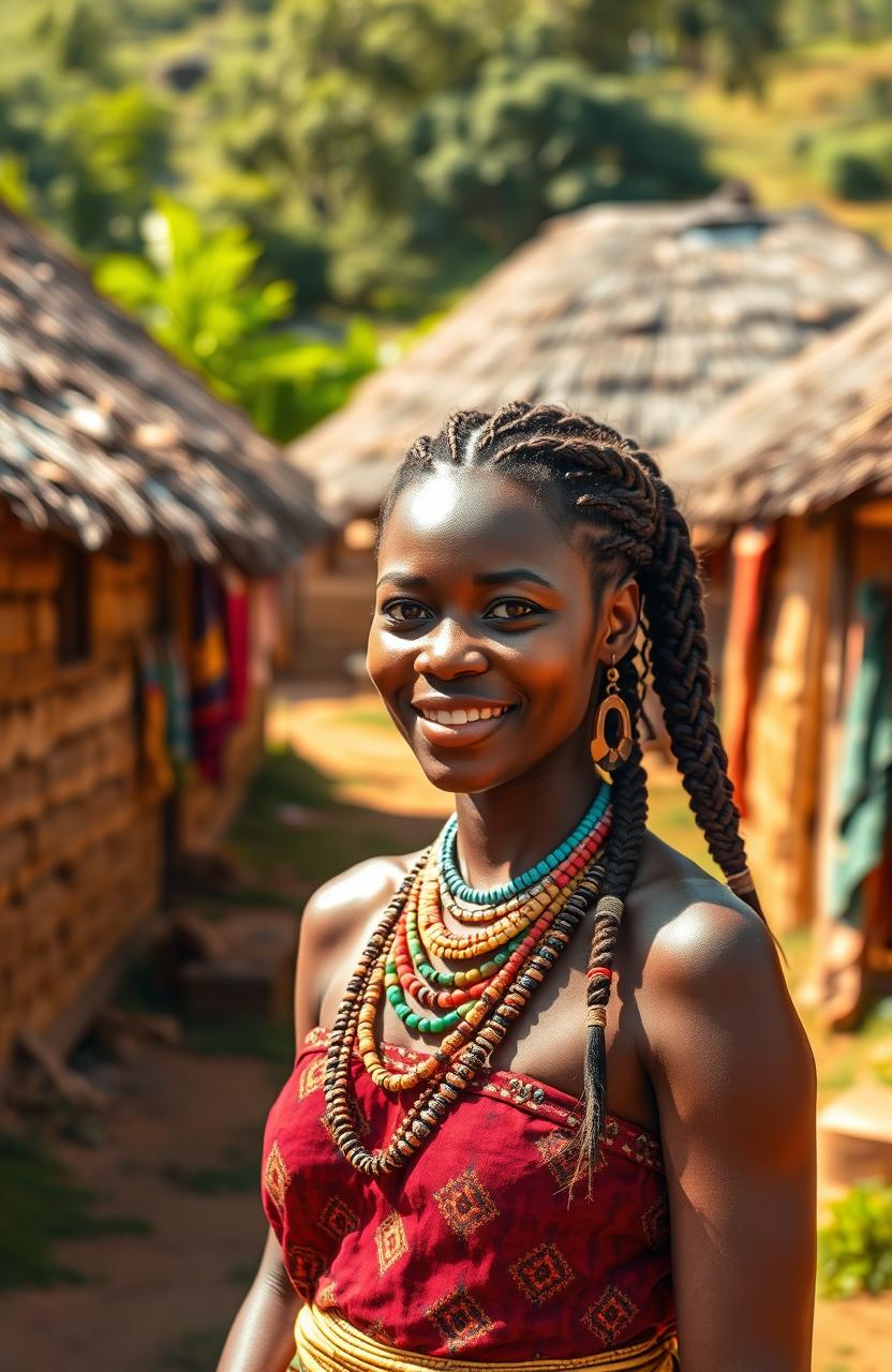 A beautiful brown-skinned African woman dressed in traditional attire, standing in a vibrant historical village setting