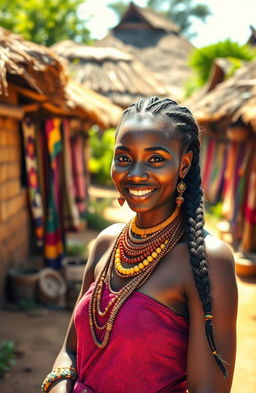 A beautiful brown-skinned African woman dressed in traditional attire, standing in a vibrant historical village setting