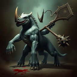 An imposing centaur with the body of a large, scaly lizard and the fierce head of a rhinoceros, exuding a menacing, evil presence