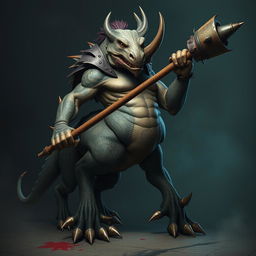 An imposing centaur with the body of a large, scaly lizard and the fierce head of a rhinoceros, exuding a menacing, evil presence
