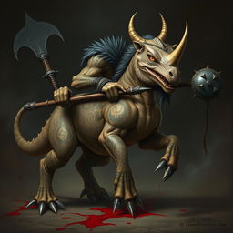 An imposing centaur with the body of a large, scaly lizard and the fierce head of a rhinoceros, exuding a menacing, evil presence