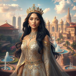 A captivating portrait of 'Galyah', the princess of Lusail, set in a stunning, fantastical environment inspired by Middle Eastern architecture and culture