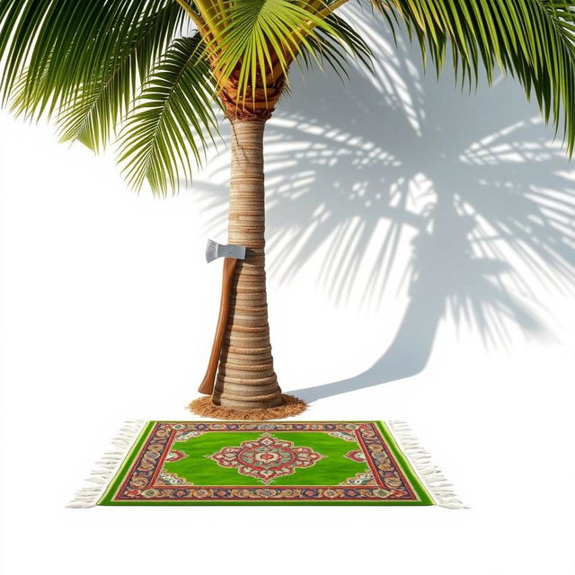 A serene scene featuring a large palm tree in the corner of the image with a distinguishing shadow cast on the ground