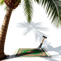 A serene scene featuring a large palm tree in the corner of the image with a distinguishing shadow cast on the ground