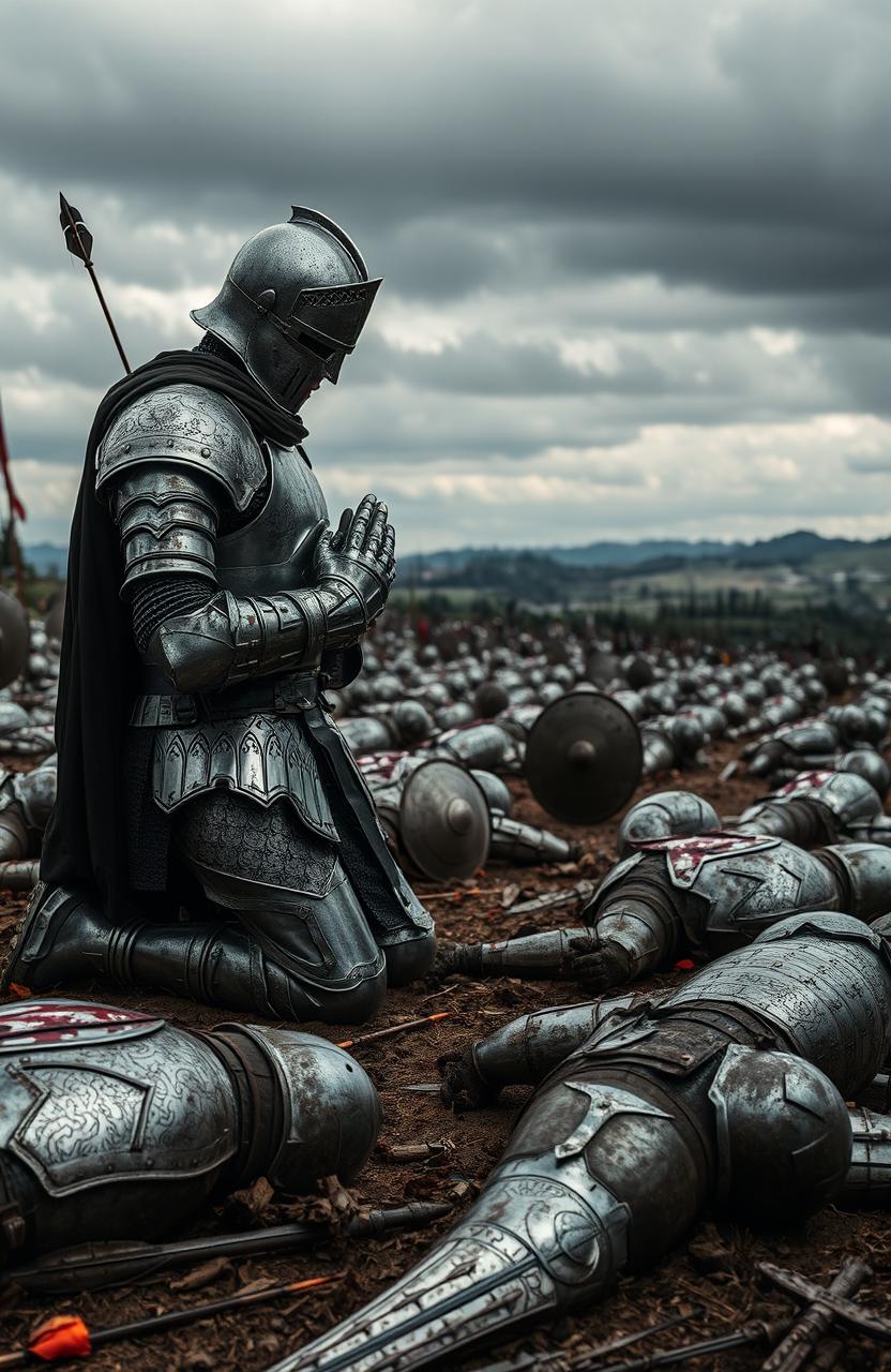 A lone knight kneeling in prayer on a battlefield, clad in intricate metal armor glistening with the remnants of battle