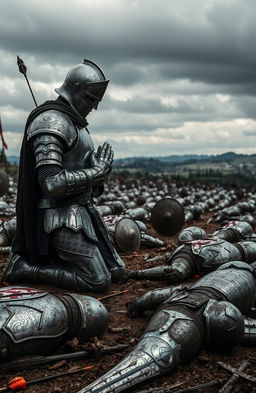 A lone knight kneeling in prayer on a battlefield, clad in intricate metal armor glistening with the remnants of battle