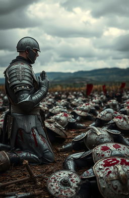 A lone knight kneeling in prayer on a battlefield, clad in intricate metal armor glistening with the remnants of battle
