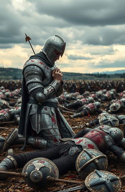 A lone knight kneeling in prayer on a battlefield, clad in intricate metal armor glistening with the remnants of battle