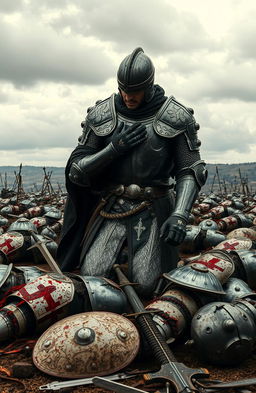 A lone knight kneeling in prayer on a battlefield, clad in intricate metal armor glistening with the remnants of battle
