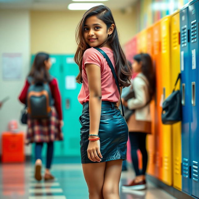 A charming 15-year-old Indian school girl in a lively school setting, showcasing her trendy fashion sense