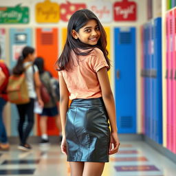 A charming 15-year-old Indian school girl in a lively school setting, showcasing her trendy fashion sense