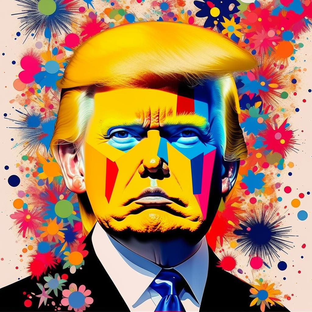 A colorful Murakami-themed print featuring Donald Trump. Capture Trump in a non-political light, surrounded by vibrant, superflat art elements typical of Murakami's style.