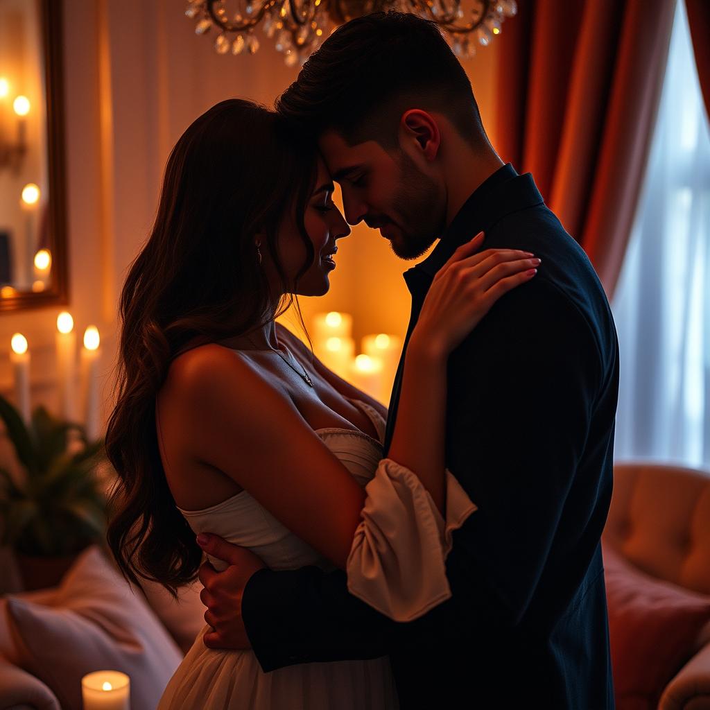 An intimate and sensual scene featuring a couple embracing in a softly lit room, surrounded by luxurious textures and warm colors