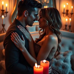An intimate and sensual scene featuring a couple embracing in a softly lit room, surrounded by luxurious textures and warm colors