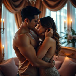 An intimate and sensual scene featuring a couple embracing in a softly lit room, surrounded by luxurious textures and warm colors