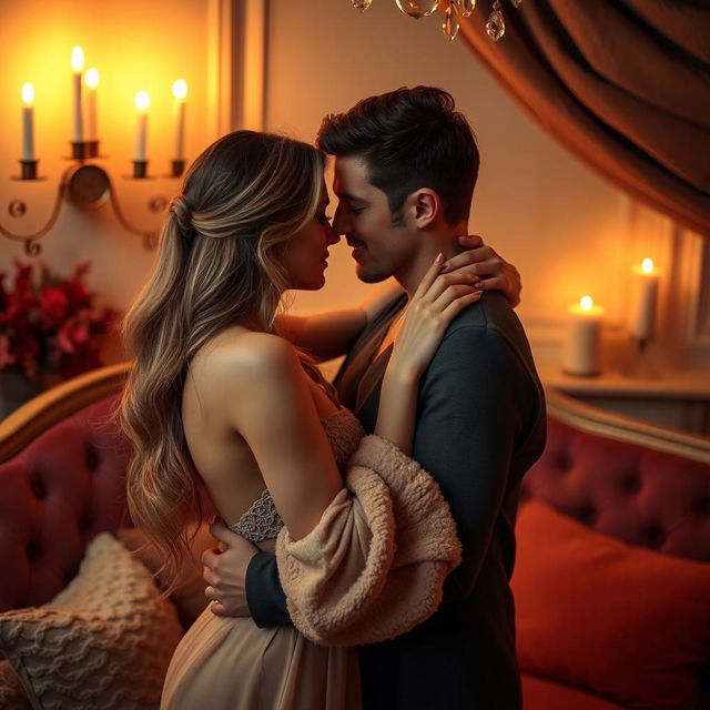 An intimate and sensual scene featuring a couple embracing in a softly lit room, surrounded by luxurious textures and warm colors