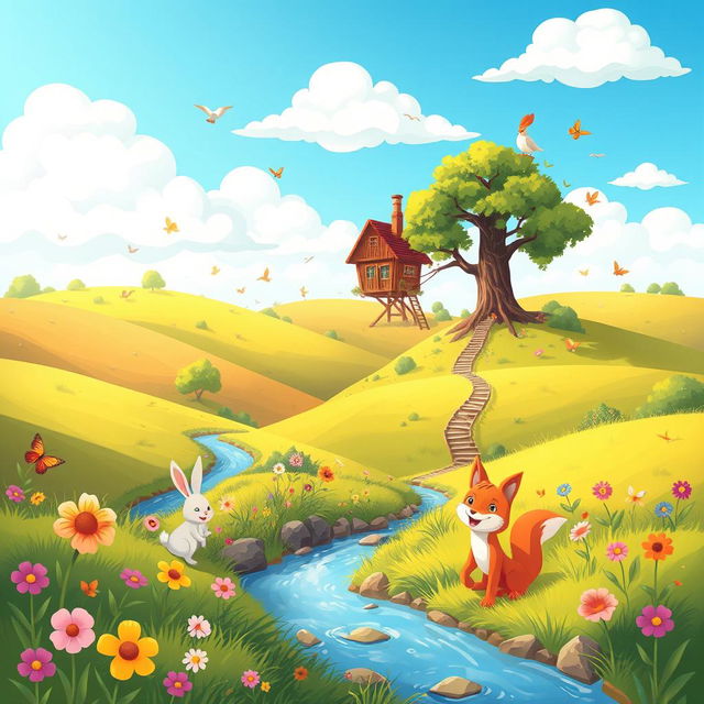 A vibrant, cheerful cartoon landscape featuring rolling hills under a bright blue sky with fluffy white clouds