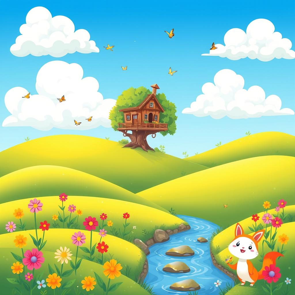 A vibrant, cheerful cartoon landscape featuring rolling hills under a bright blue sky with fluffy white clouds