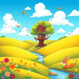 A vibrant, cheerful cartoon landscape featuring rolling hills under a bright blue sky with fluffy white clouds