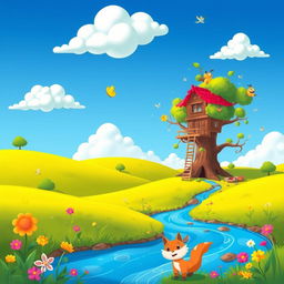 A vibrant, cheerful cartoon landscape featuring rolling hills under a bright blue sky with fluffy white clouds