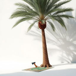 A realistic scene set against a soft, white background, featuring a very large palm tree situated in the corner