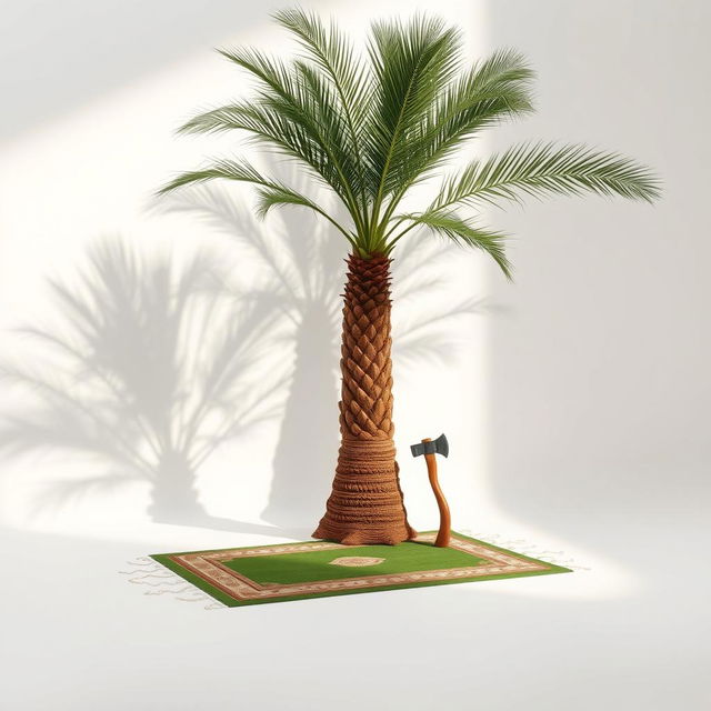 A realistic scene set against a soft, white background, featuring a very large palm tree situated in the corner