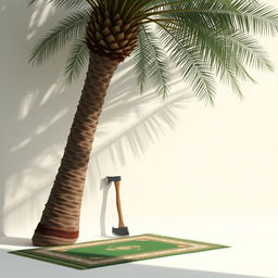A realistic scene set against a soft, white background, featuring a very large palm tree situated in the corner