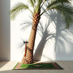 A realistic scene set against a soft, white background, featuring a very large palm tree situated in the corner