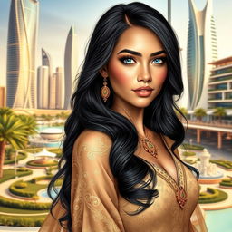 A stunning portrait of 'Galyah', the princess of Lusail, depicted in a modern, vibrant setting that reflects the beauty of Doha, Qatar