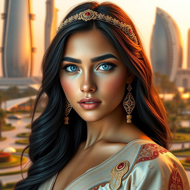 A stunning portrait of 'Galyah', the princess of Lusail, depicted in a modern, vibrant setting that reflects the beauty of Doha, Qatar