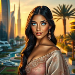 A stunning portrait of 'Galyah', the princess of Lusail, depicted in a modern, vibrant setting that reflects the beauty of Doha, Qatar