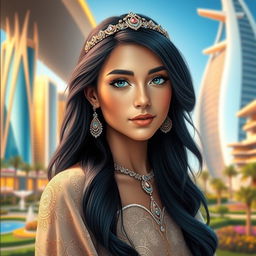 A stunning portrait of 'Galyah', the princess of Lusail, depicted in a modern, vibrant setting that reflects the beauty of Doha, Qatar