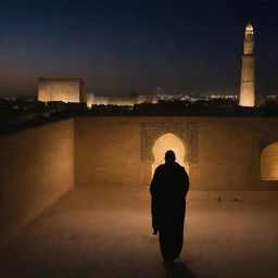 Nightfall in ancient Babylon: except for the solitary, luminous figure of Prophet Ibrahim, the locals have retreated, leaving the grand cityscape eerily empty. A poignant depiction of spiritual solitude amidst architectural magnificence.