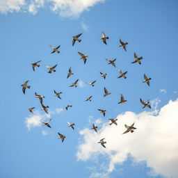 A captivating scene featuring a clear spiral formation of flying birds gracefully soaring through a bright blue sky dotted with fluffy white clouds
