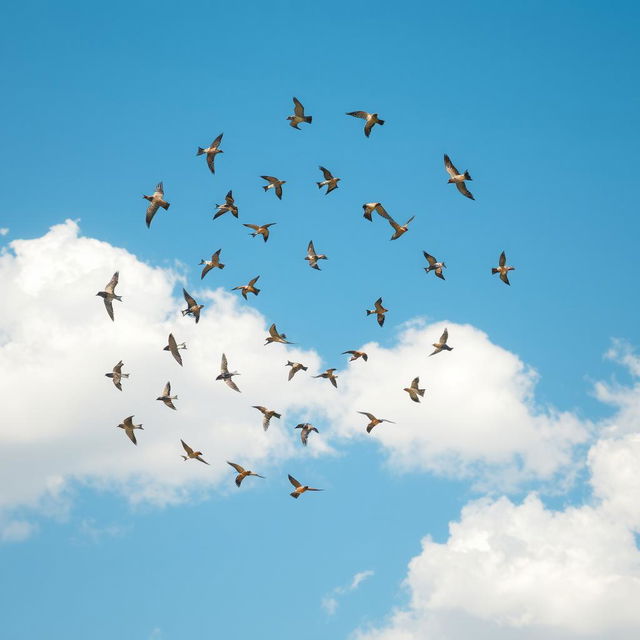 A captivating scene featuring a clear spiral formation of flying birds gracefully soaring through a bright blue sky dotted with fluffy white clouds