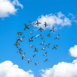 A captivating scene featuring a clear spiral formation of flying birds gracefully soaring through a bright blue sky dotted with fluffy white clouds