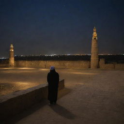 Nightfall in ancient Babylon: except for the solitary, luminous figure of Prophet Ibrahim, the locals have retreated, leaving the grand cityscape eerily empty. A poignant depiction of spiritual solitude amidst architectural magnificence.