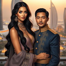 A romantic portrait of 'Galyah', the princess of Lusail, alongside her husband, Prince Jeon Jungkook, set in a breathtaking modern backdrop inspired by the city of Doha, Qatar