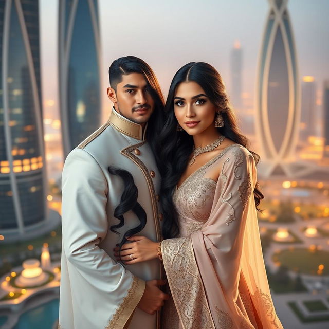 A romantic portrait of 'Galyah', the princess of Lusail, alongside her husband, Prince Jeon Jungkook, set in a breathtaking modern backdrop inspired by the city of Doha, Qatar