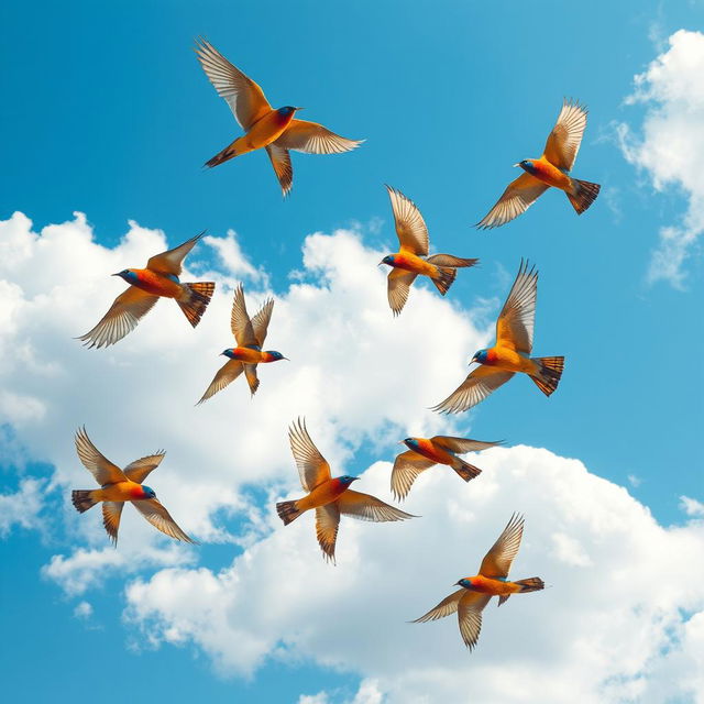 An enchanting scene of a clear spiral formation of aesthetically striking flying birds soaring through a bright blue sky adorned with fluffy white clouds