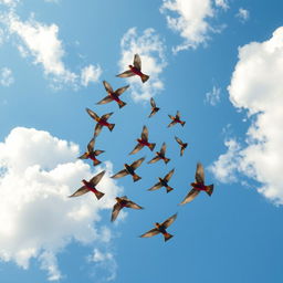 An enchanting scene of a clear spiral formation of aesthetically striking flying birds soaring through a bright blue sky adorned with fluffy white clouds