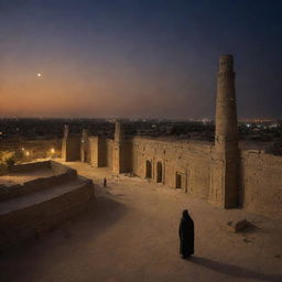 Nightfall in ancient Babylon: except for the solitary, luminous figure of Prophet Ibrahim, the locals have retreated, leaving the grand cityscape eerily empty. A poignant depiction of spiritual solitude amidst architectural magnificence.