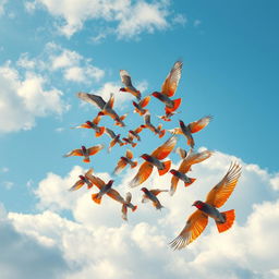 An enchanting scene of a clear spiral formation of aesthetically striking flying birds soaring through a bright blue sky adorned with fluffy white clouds